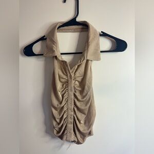 Nordstrom Beige Ruched Button-Up Collar Halter Crop Top